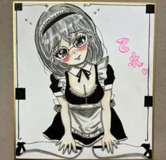 か*K様 手描きイラスト メイド オリジナル アナログ 原画 小色紙 コピック