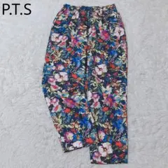 ピーティーエス　イージーパンツ　花柄　華やか　差し色　大人カジュアル　配色　4L
