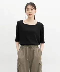 スクエアネックトップス　ブラック　S　五分袖