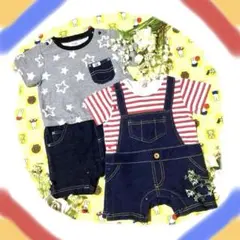 【美品】Buddy Lee半袖ロンパース80&70㎝ネイビー×レッド2枚組マリン