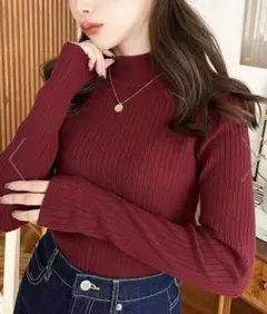 バーガンディ リブニットセーター Mサイズ