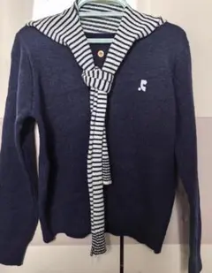 ネイビー ストライプフード ニットセーター