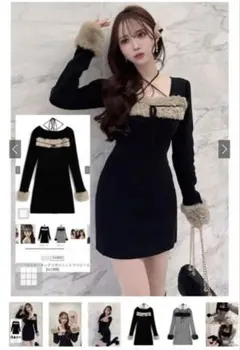 ファーホルターネックリボンニットワンピース ru1388 ブラック L