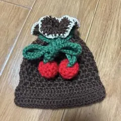 さくらんぼ装飾の編み物巾着袋