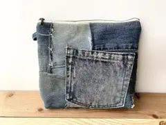 デニムパッチワークポーチ＊20cmファスナー＊アップサイクル＊一点もの