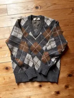 レトロ アーガイル柄 ニット セーター 古着 Vネック グレー系