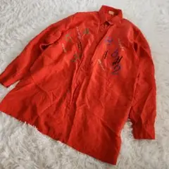 希少 古着 シャツ　カジュアル　刺繍 デザイン　絹　シルク 100% 赤　38