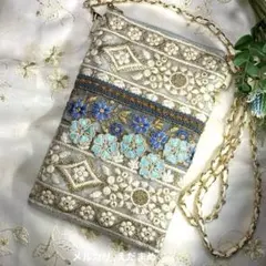 スマホショルダー サコッシュ ポシェット インド刺繍リボン 青花 グレーブルー