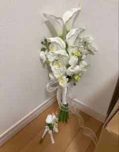ホワイト　造花　ブーケ　ブートニアセット