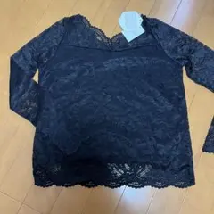 新品タグ付き　両Vネックレースプルオーバー　レース長袖トップス Mサイズ 黒