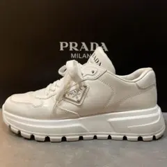 美品 【PRADA】ダイヤモンドロゴホワイトレザー 厚底スニーカー 36 1/2のサムネイル