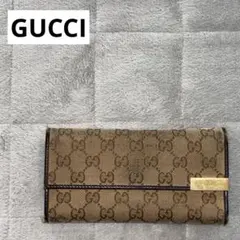 美品✨️グッチ 長財布 GGキャンバス × レザー フラップ ロゴプレート 