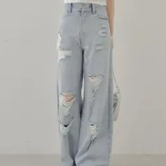 Chico ダメージワイドデニムパンツ スカイブルー 0サイズ
