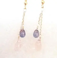 チェコドロップとチェーンのゆらゆらピアス　さくら×バイオレット