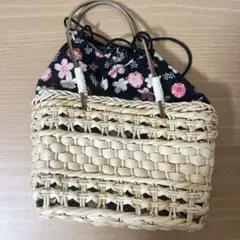 和柄巾着付きかごバッグ 浴衣 和装 桜柄