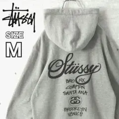 【ステューシー】ワールドツアーロゴ ジップアップパーカー グレー