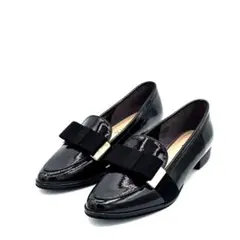 未使用級 ダイアナ 25cm オペラシューズ 平リボン エナメル フラット 黒