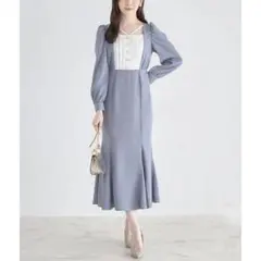 【新品】トッコクローゼット パール飾り釦付きヨーク切り替え配色ワンピース ブルー