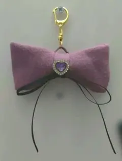 パープル ハート リボン型 キーホルダー