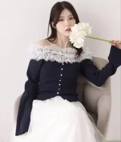 NICE CLAUP チュールフリルオフショルニット ネイビー