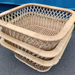 【3個セット】天然 籐 ラタン 脱衣かご ランドリーバスケット 昭和レトロ 籠