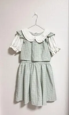 Ank Rougeフリル襟 グリーンチェック ミニワンピース