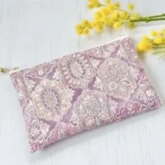 チュールインド刺繍　ピンクのマルチポーチ