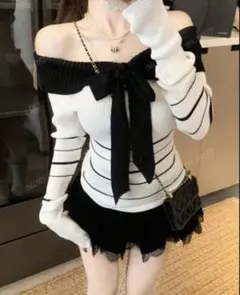 即日発送　ワンホン リボン オフショルダー ストライプ ニット セーター S