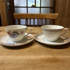 昭和レトロカップ&ソーサー2客セット　No.1 未使用　花柄と銀幾何学模様