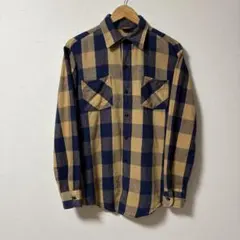70s 80s ブロックチェック　ヘビネル　ネルシャツ　イエロー　ネイビー