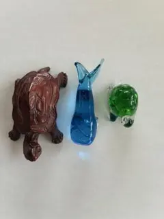木彫りミニ亀 ガラスジャンク品2点