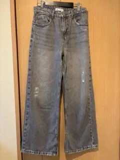 ZARAザラ　グレー ワイドレッグ デニムパンツ　ダメージ加工