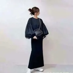 夏　薄手ブラウス ナロースカート　体型カバー　バルーン袖　セットアップ　大人可愛