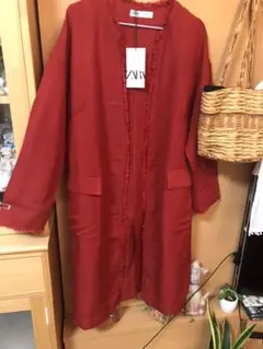 最終お値下げZARA 新品　レッド　リネン混　フリンジ　スプリングコート