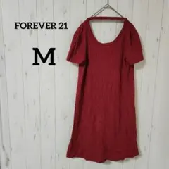 FOREVER 21【M】赤 半袖 ワンピース リブ編み キーホールネック