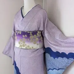 [Three Flowers] 세탁 가능한 기모노, 단품, 무대 의상, 히키다 패턴, 레이어드 카라, 퍼플 벨트, 서비스 재사용