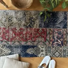 70×104パッチワーク　ブルー×レッド　ボタニカル　トルコヴィンテージラグ