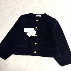 【新品タグ付き】ミラオーウェン パイル編み ショート丈 金釦 ニット ジャケット