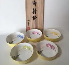 香蘭社　胡蝶蘭　小鉢揃　5客　木箱　黄色　イエロー　金彩　和食器　花　小鉢