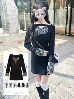 チェック柄フロントオープンリボンミニワンピース pm784