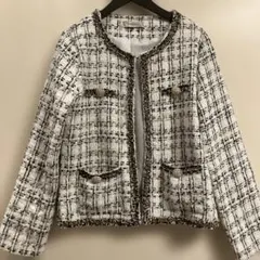 ノーカラーツイードジャケット ホワイト・ブラック