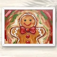 A4 クリスマスジンジャーブレッドの微笑み 油絵アート インテリアポスター 油絵