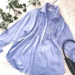 ensuite ブラウス シャツ 長袖ライトブルー 麻混 上品 オフィスカジュア
