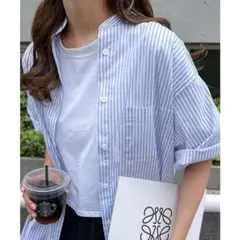 新品　andme　ストライプバンドカラー半袖シャツのサムネイル