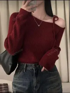 ワンショルダーリボンニット ワインレッド