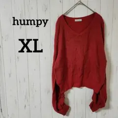 humpy【XL】 Vネックニット セーター レッド 綿混 大きめ ゆったり