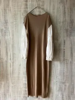 ロペピクニック 異素材ドッキングワンピース 38 ロング　ブラウン×ホワイト