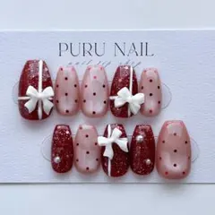 352【現品】◾️クリスマス×マグネット️×リボン×レッド×ピンク◾️ネイルチップ