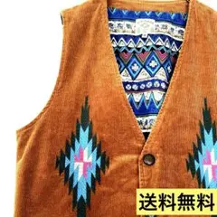 『ビンテージ』☆TITICACA コーデュロイ エスニック柄 ベスト M メンズ