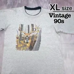 USA古着　90s　Tシャツ　XL　グレー　アニマル　鹿　シカ　シングルステッチ